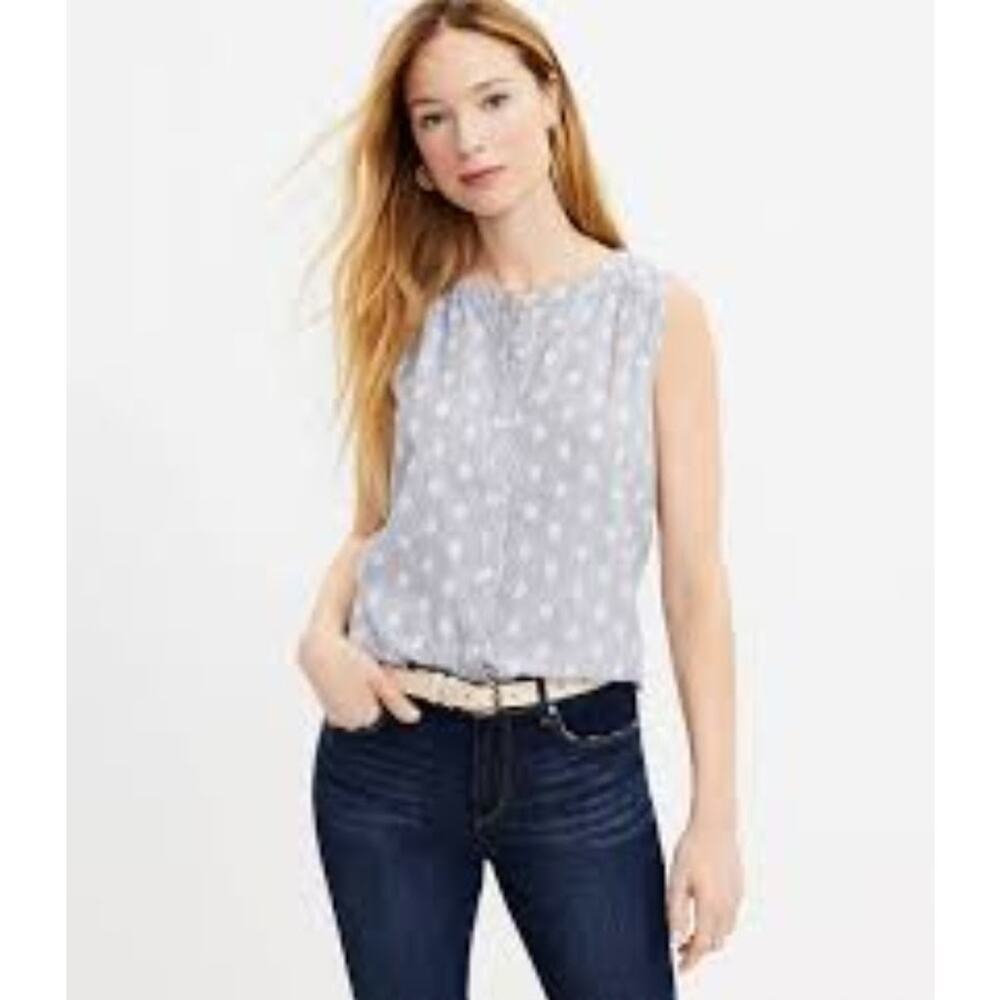 Loft button up sleeveless gray and white polka dot blouse size small
